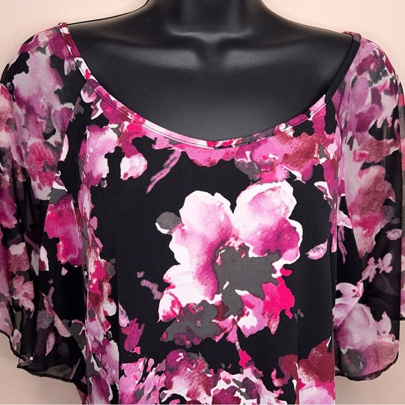 Large Susan Lawrence Blouse Short Sleeve Black Fuchsia Pink Floral Stretch - Picture 6 of 12